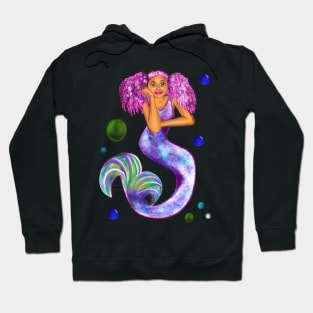 Magical rainbow mermaid with green eyes, pink hair and caramel brown skin Hoodie